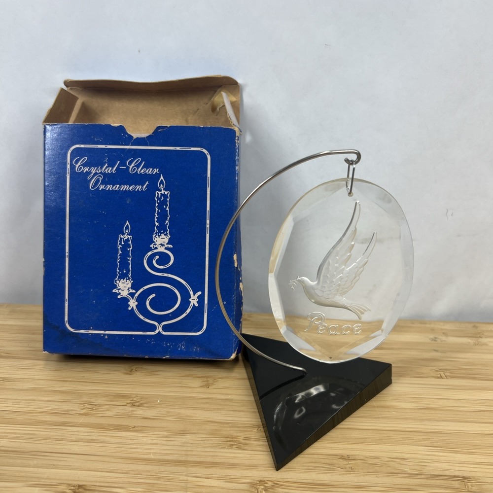 Vintage Crystal-Clear‎ Ornament Dove of Peace Etched Glass w/ Stand & Box